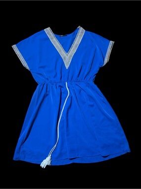 It’s giving 70’s- Bright Blue V-Neck Tassel Dress with Contrast Trim